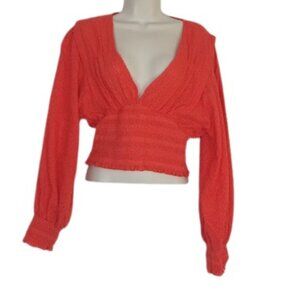 Sullivan Womens Eyelet Crop Top Coral Orange Smocked Waist Long Sleeves M